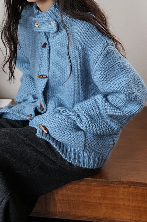 Wool Chunky Knit Wooden Button Sweater
