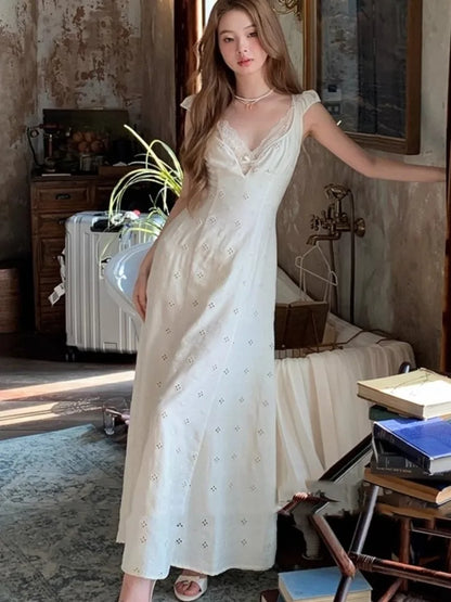 New Summer Hollow Out Midi Dress V-neck Vocation French Style White Dress Korean Slim Vestidos