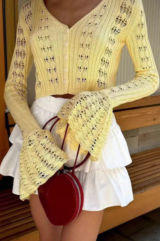 Cutout V-neck Short Long-sleeve Knit Cardigan