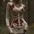 Halloween Skeleton Rose Bandage V-neck Sweater artswardrobe