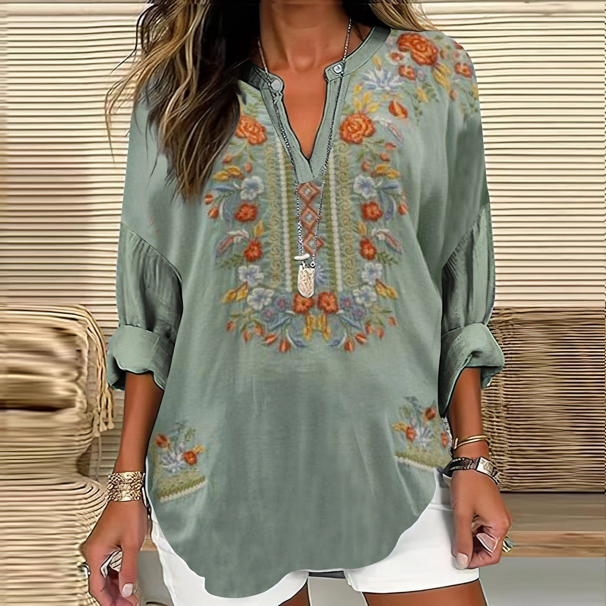 Women's Retro Ethnic Flower Embroidery Art V-neck Shirt elevenforest