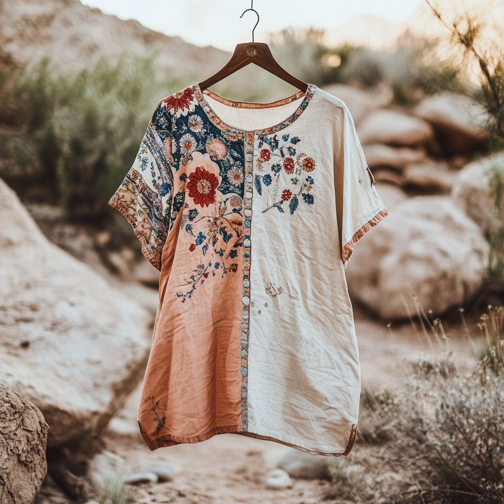 Women's Vintage Tribal Floral Stitching Cotton And Linen Shirt elevenforest