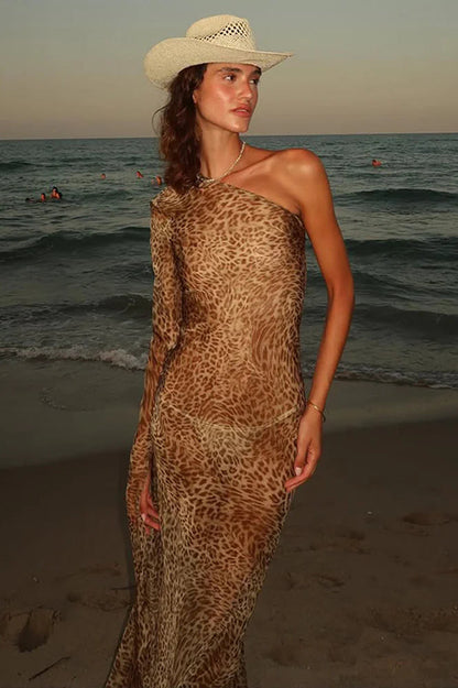 Leopard Print Spice Girl Slanted Shoulder Maxi Dress