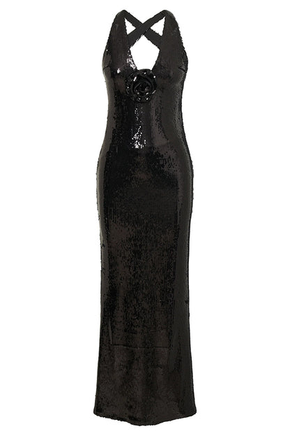 Sicilian Rose Sequin Three-dimensional Backless Maxi Dress