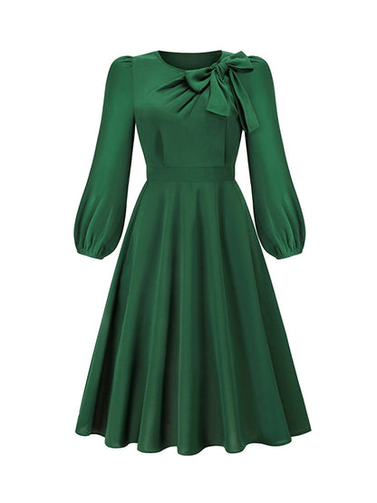 A-line Long Sleeves Asymmetric Bowknot Elasticity Color Round-neck Midi Dresses