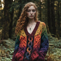 Vintage Rainbow Gradient Celtic Jacquard Chunky V-neck Aran Sweater artswardrobe