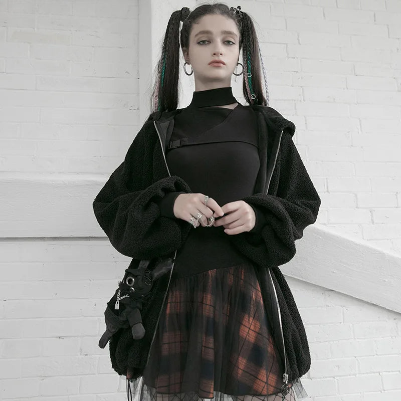 Style Mesh Stitched Plaid Warm High-waisted Fluffy Daily Thick Personality Mini Skirt