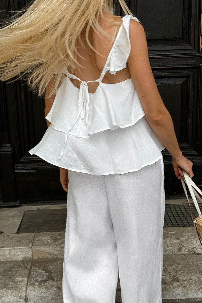 Linen Blend Flutter Sleeve Wide Leg Pants Set