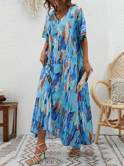 Loose Short Sleeves Contrast Color High-waisted Printed V-neck Maxi Dresses