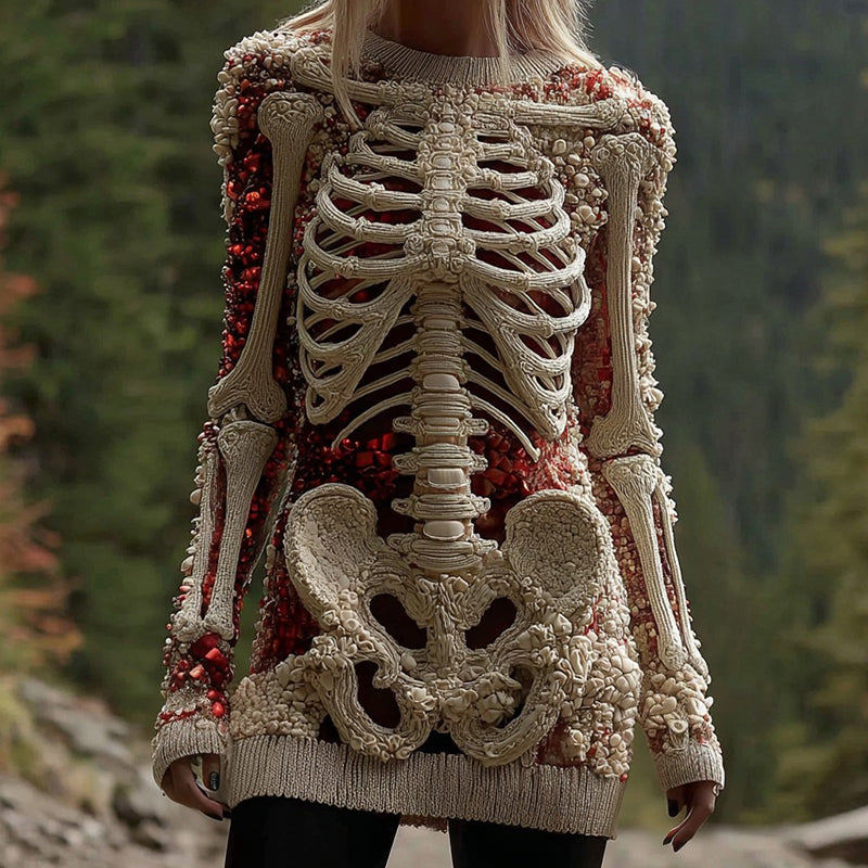 Comstylish Women's Halloween Skeleton And Gem Art Gothic Knit Mini Sweater Dress