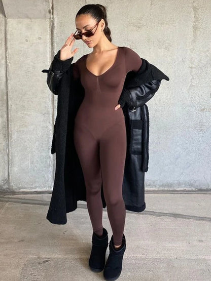 Black Jumpsuit Spring Long Sleeve V-neck Bodycon Catsuit One Piece Stretchy Fitness Rompers Overalls Jumpsuit