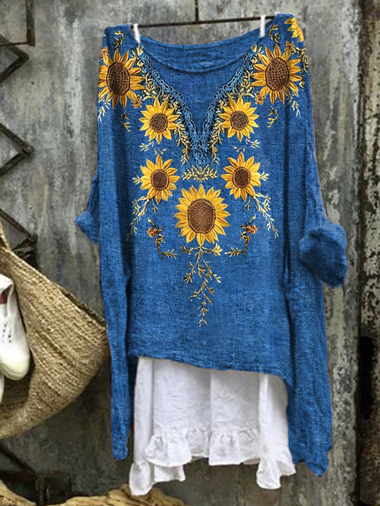 Sunflowers Embroidered Linen Blend Shirt elevenforest