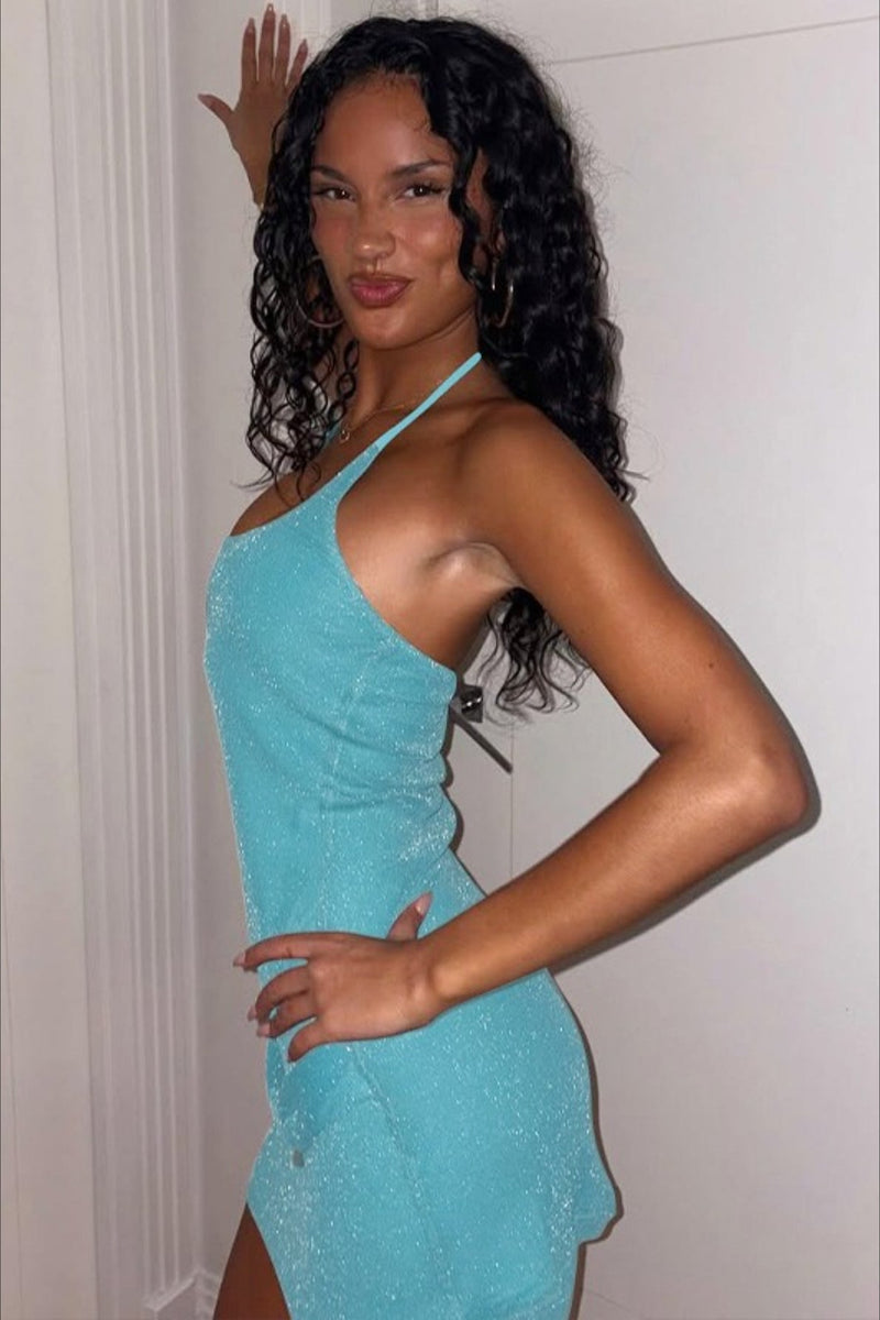 Halter Neck Slit Shiny Bodycon Dress