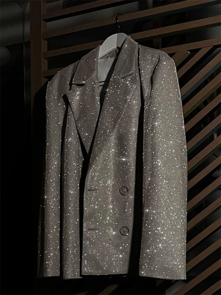 Party Sliver Glitter Three Piece Blazer Sets for Clubwear Sparkly Bra and Pants 2 Piece Mathcing Set New
