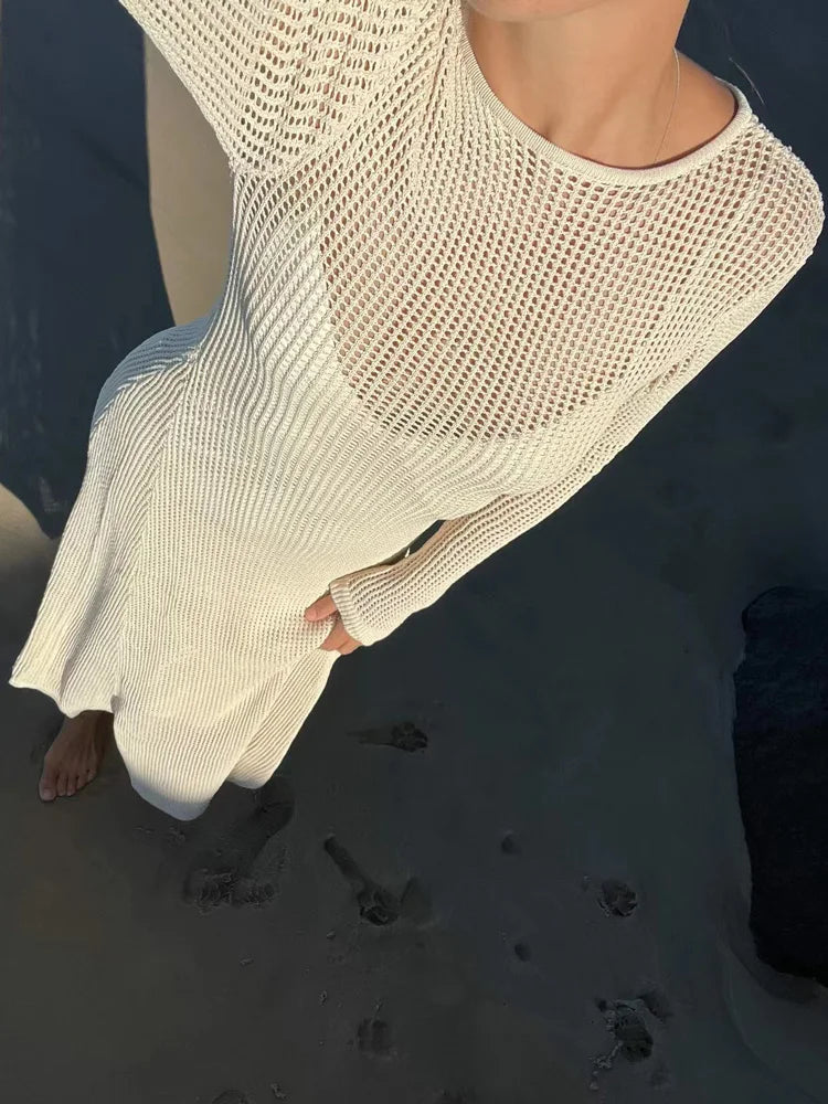 White Crochet Hollow Out Midi Dress for Long Sleeve Dress Beach Holiday See-through Summer Dress Cover-up
