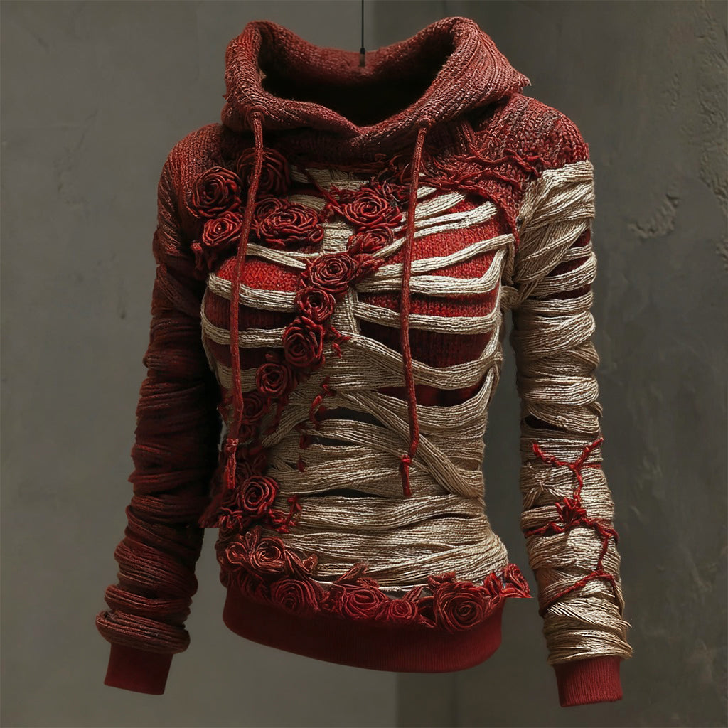Halloween Bandage Skull Rose Art Slim Fit Knit Hooded Sweater artswardrobe