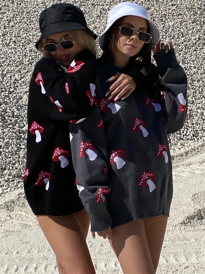 Black Printed Sweater Pullover Knit Long Sleeve Loose Contrast Autumn Female Pullover Knitwear