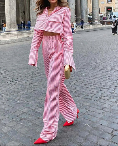 Red Print Pockets Crop Trousers Office Two Piece Set
