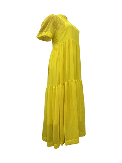 Loose Color Split-joint Inner Dress + Mesh Pleated Mock Neck Outer Dress Two Pieces Set