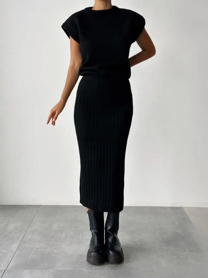 Knit Sweater 2 Piece-set Loose Ribbed Sleeveless Pullover and High Waist Long Skirt Outfits Knitwear ’s Sets