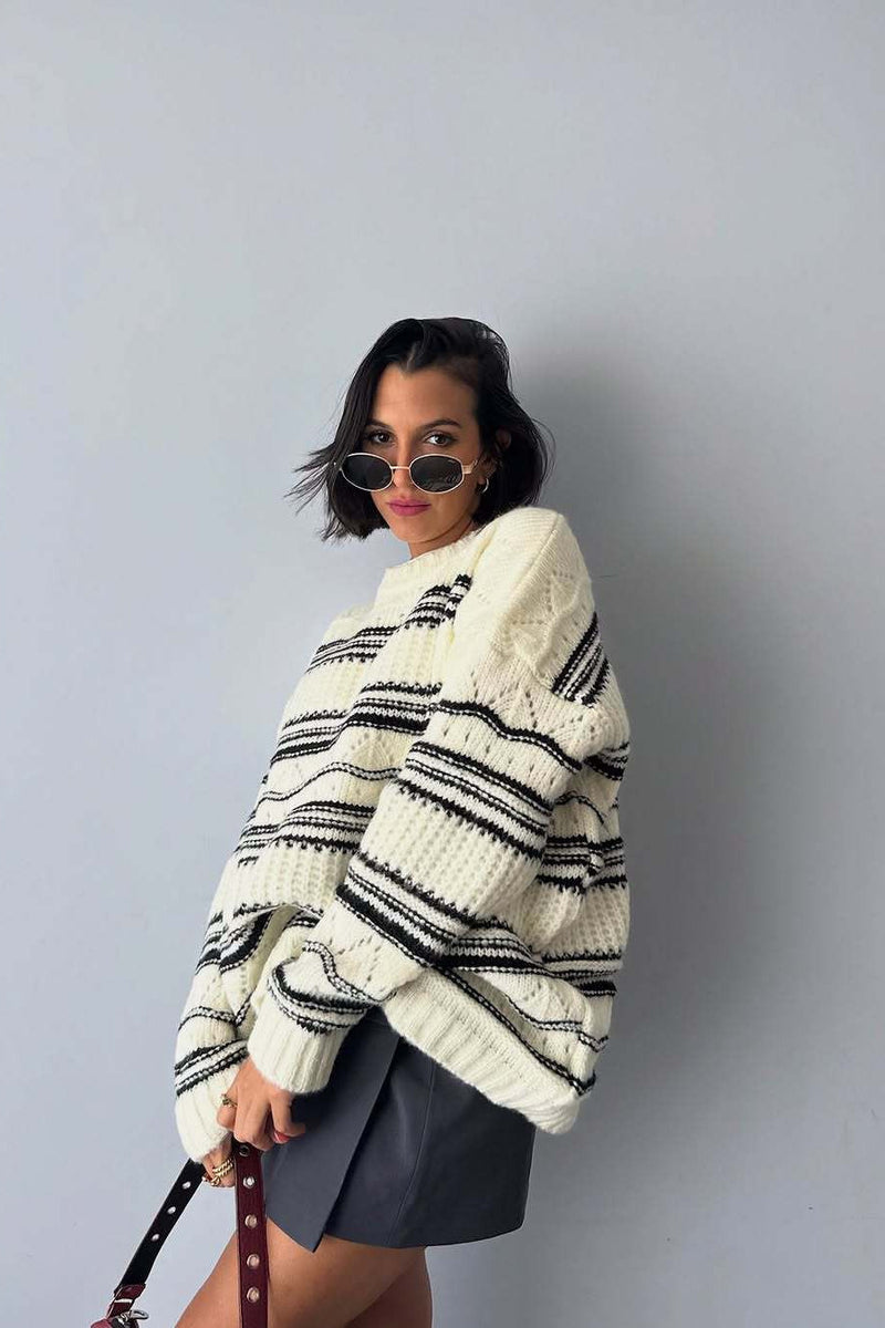 Thick Striped Knit Crew Neck Sweater