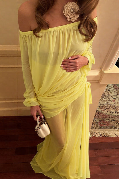 Mesh Sheer Off Shoulder Ruched Maxi Dress