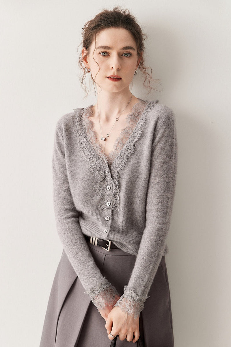 Cashmere Lace-trimmed V-neck Knit Cardigan