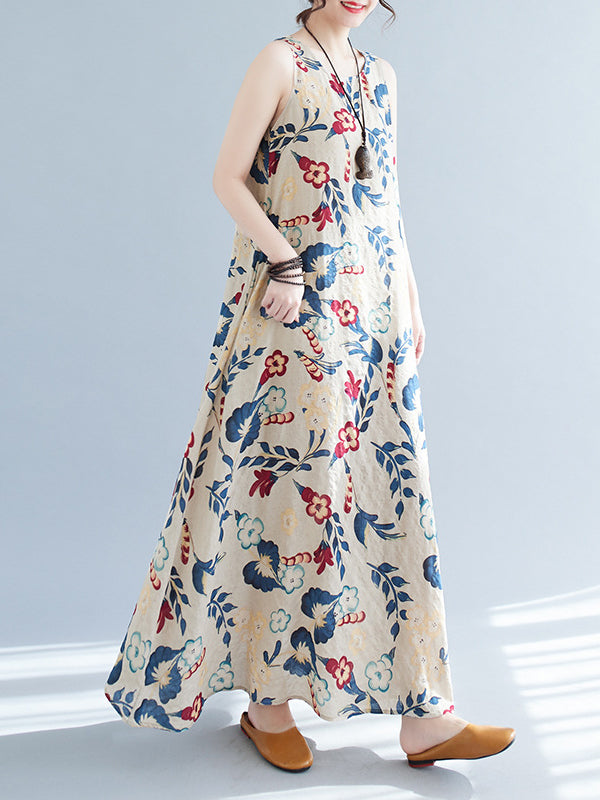 Loose Sleeveless Printed Round-neck Maxi Dresses