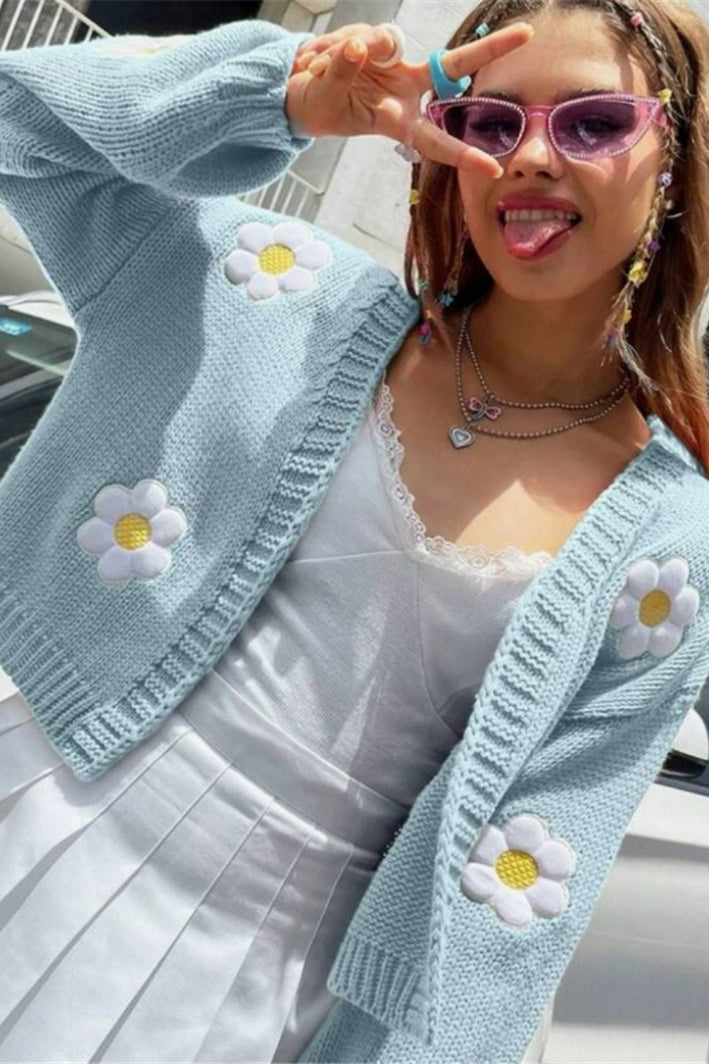 Sweet Pattern Loose Cropped Knit Cardigan