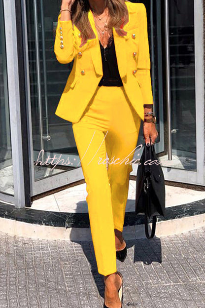 Time to Charm Lapel Button Pocket Long Sleeve Blazer Elastic Waist Pants Suit