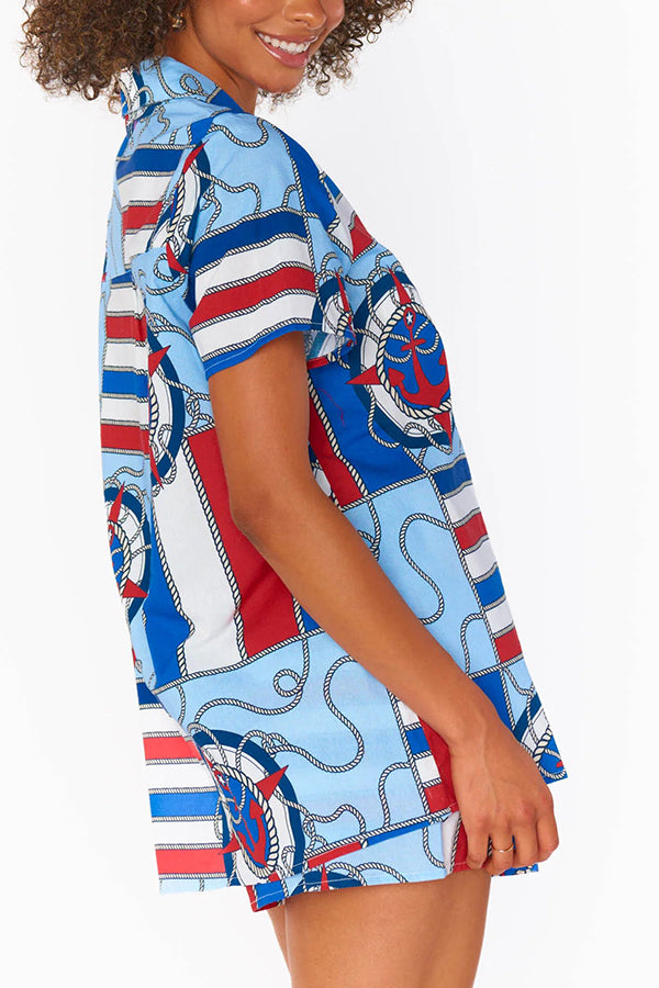 Summer Adventures Unique Print Pocket Loose Shirt and Elastic Waist Shorts Pj / Vacay Set