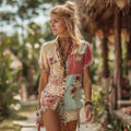 Women's Bohemian Floral Colorblock Short Sleeve Shirt elevenforest