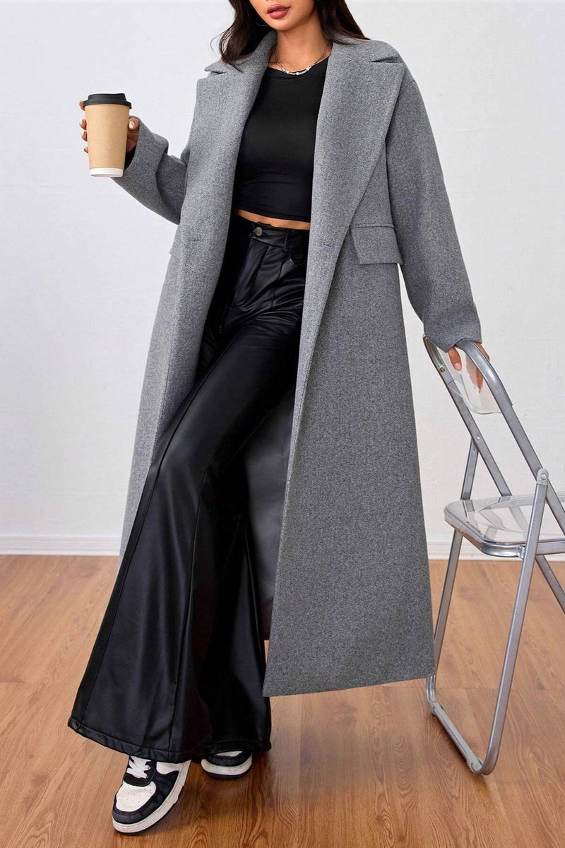 Wool Blend Lapel Long Overcoat