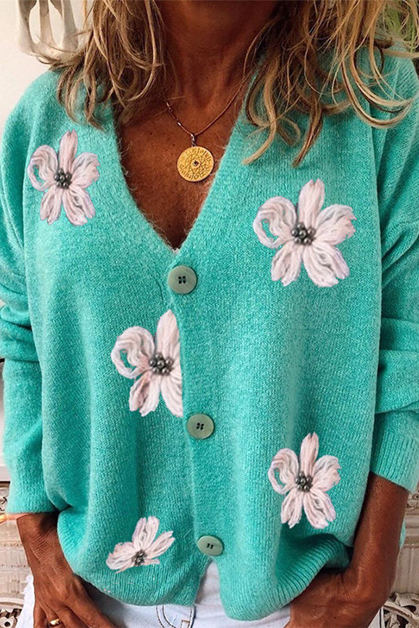 Long Sleeve Cardigan Embroidered V-neck Knit Sweater