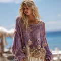 Women's Boho Rose Chunky Knit Crew Neck Colorblock Design Aran Sweater elevenforest