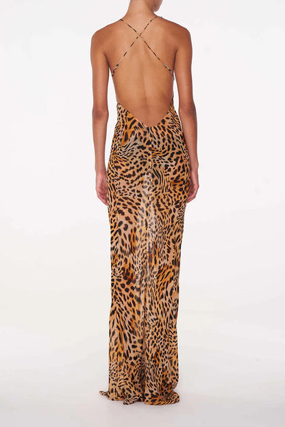 Rosalinda Abstract Print Lace Patchwork Back Lace-up Maxi Dress