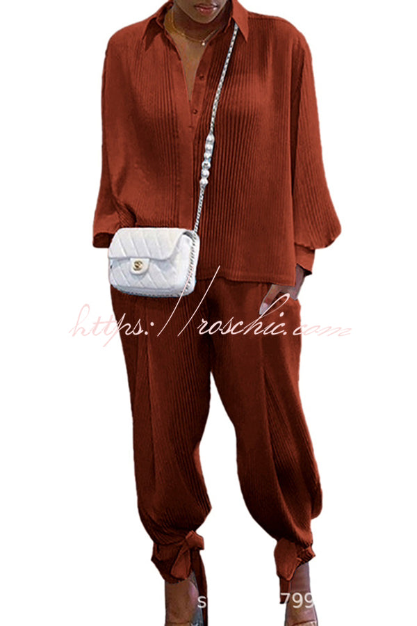 Shirt Collar Stripe Side Pocket Top Pant Set