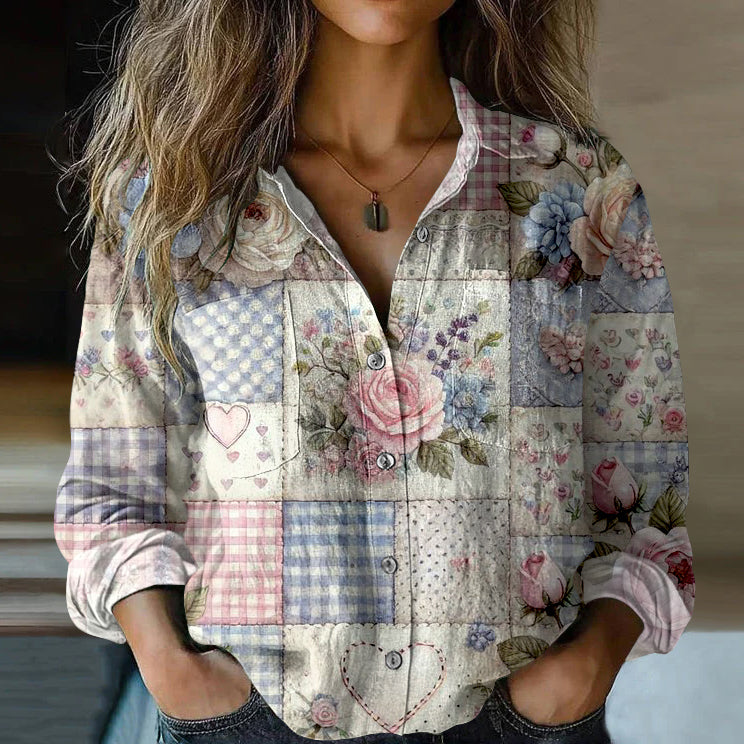 Women's Vintage Bohemian Patch Cotton And Linen Button-down Shirt elevenforest