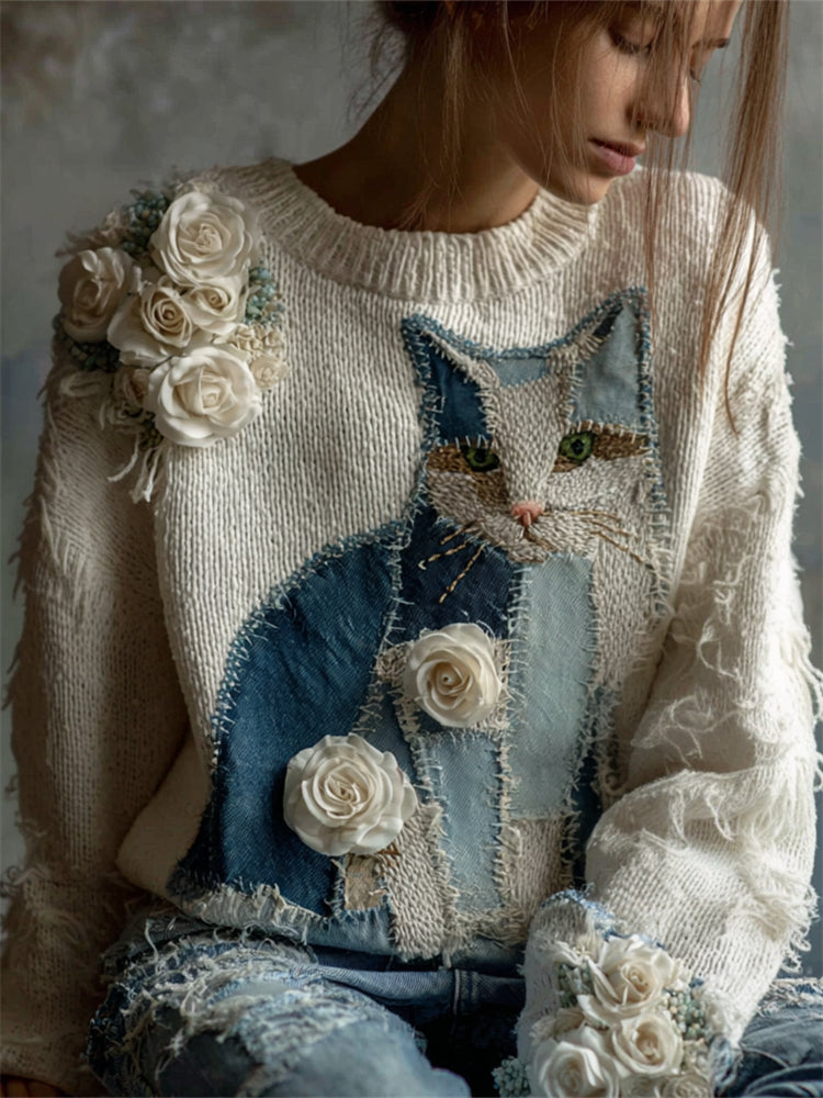 Vintage Cat Denim Patchwork White Roses Cozy Knit Sweater elevenforest