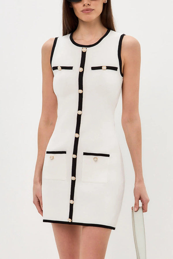 Sleeveless Round Neck Pearl Button Knitted Mini Dress