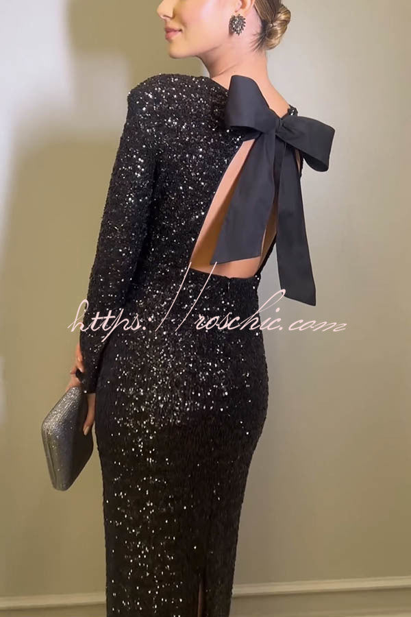 Looking to Party Sequin Padded Shoulder Backless Bow Design Maxi Dress