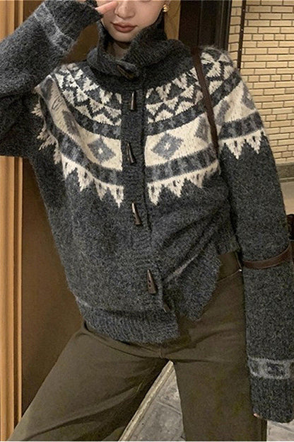 Jacquard Collar Horn Button Retro Loose Knit Cardigan