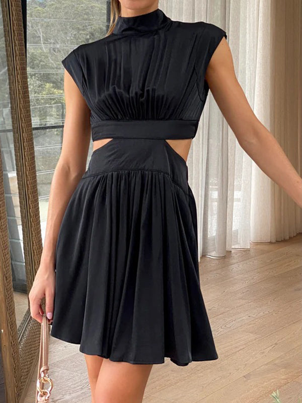 Skinny Belly-hollow Pleated Color Stand Collar Mini Dresses