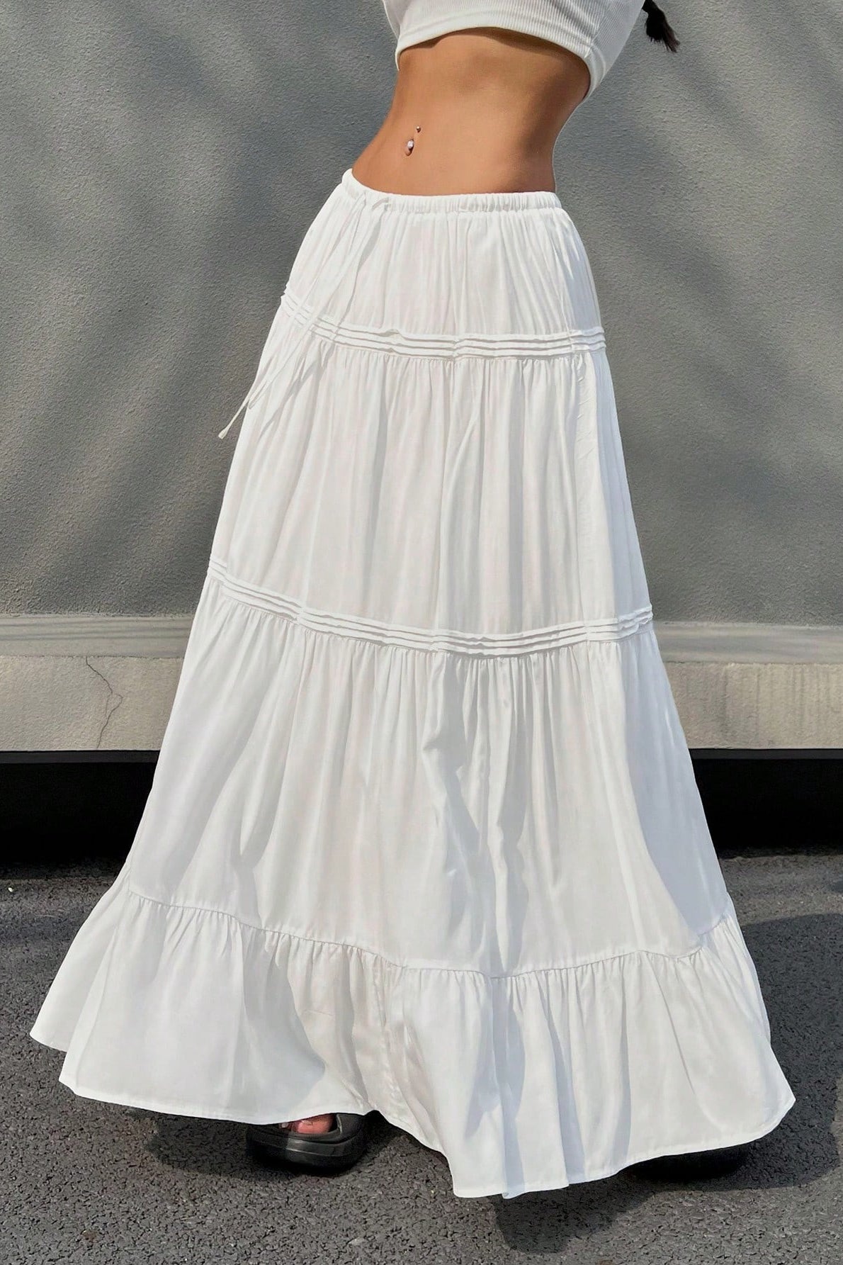 White Tiered Midi Skirt