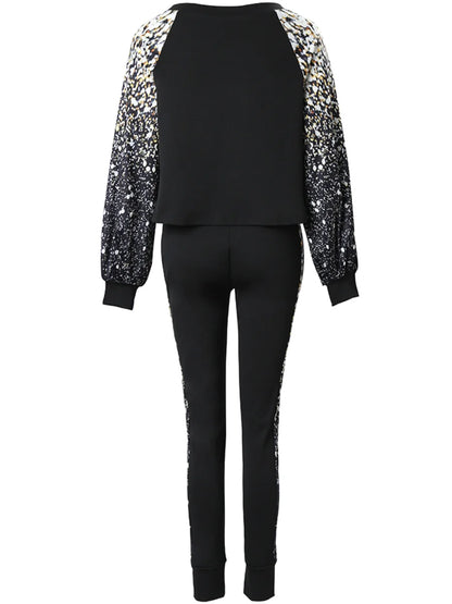 Lantern Sleeve Gradient Print Skinny Pants Set Autumn Winter High Elasticity 2pc Tracksuits Outfits