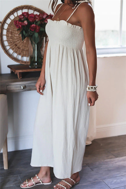 Color High Waist Linen Blend Suspender Pleated Jumpsuit