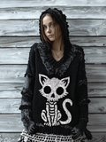 Halloween Cat And Skeleton Pattern Women's V-neck Hooded Knit Sweater artswardrobe
