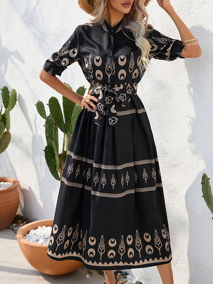 A-line Half Sleeves Buttoned Tied Waist Lapel Midi Dresses