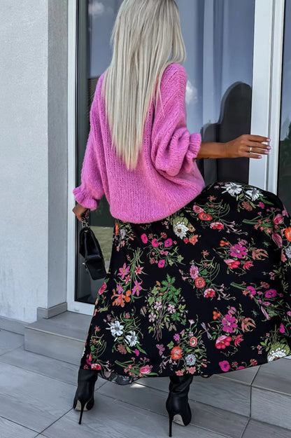 Color Round Neck Ruffled Long Sleeve Knitted Sweater