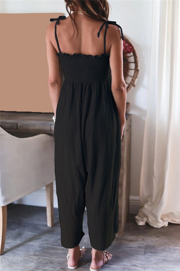 Color High Waist Linen Blend Suspender Pleated Jumpsuit